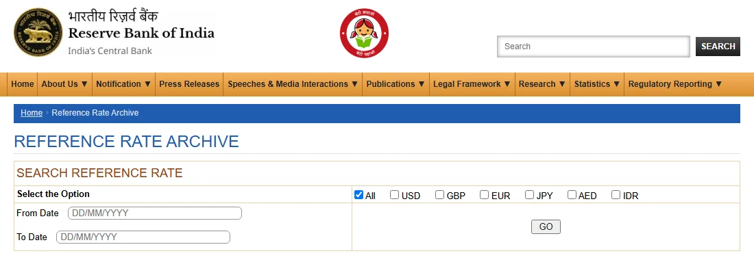 ભારતીય રિઝર્વ બેંકના Reference Rate Archive પાના પર USD, GBP, EUR વગેરે ચલણ અને From Date – To Date પસંદ કરીને દર શોધવાની સ્ક્રીન