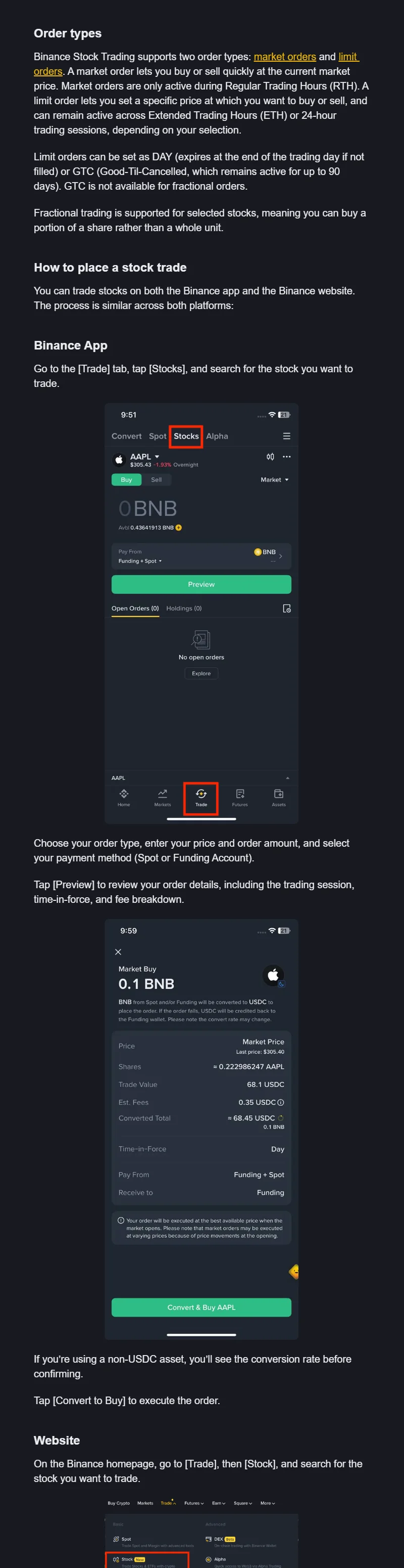 Binance Stocks app માં AAPL order type, buy form અને preview નું વાસ્તવિક interface