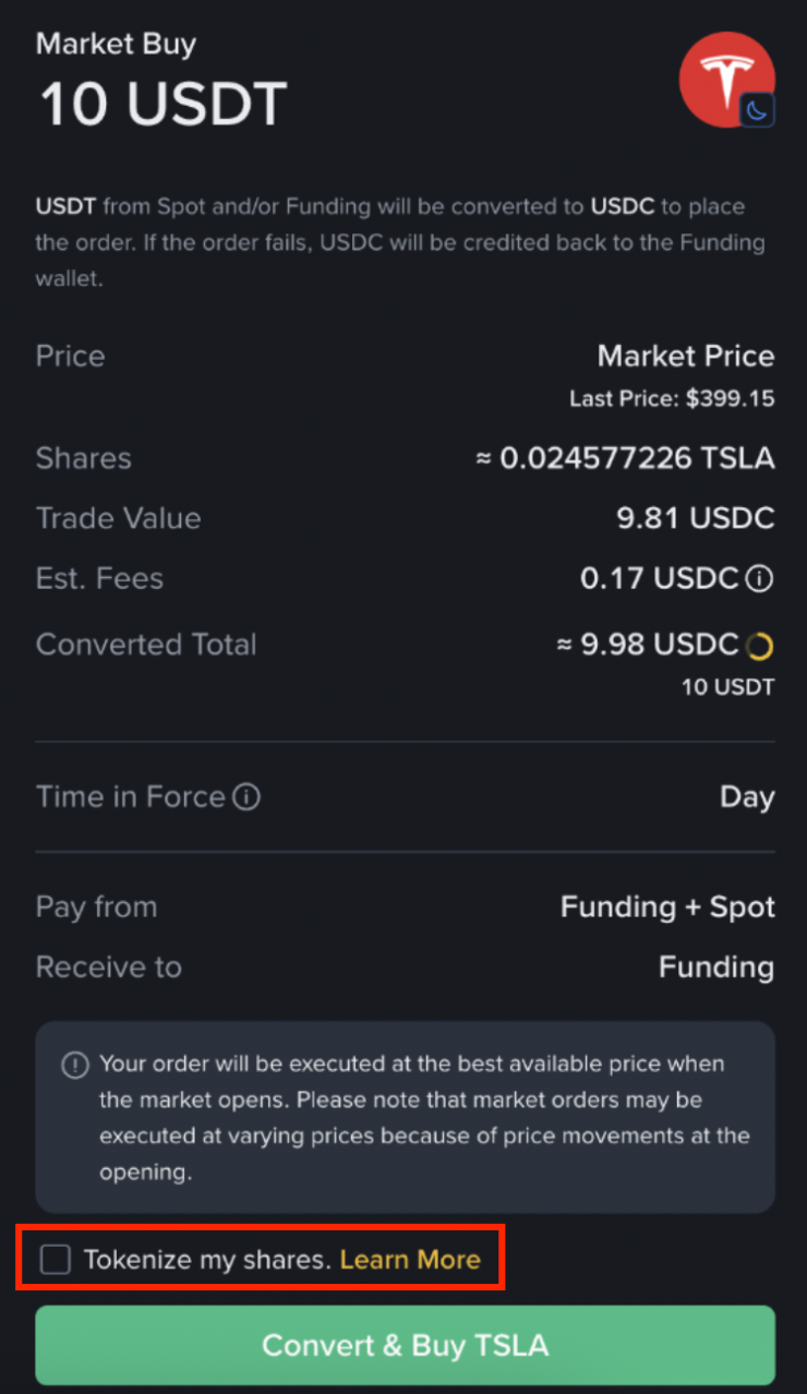 Binance Stocks order Preview માં Tokenize my shares option નું real product screen