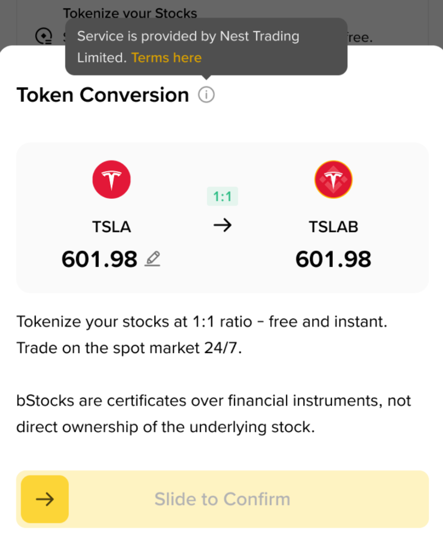 Binance bStocks માં TSLA થી TSLAB 1:1 Token Conversion નું real product screen