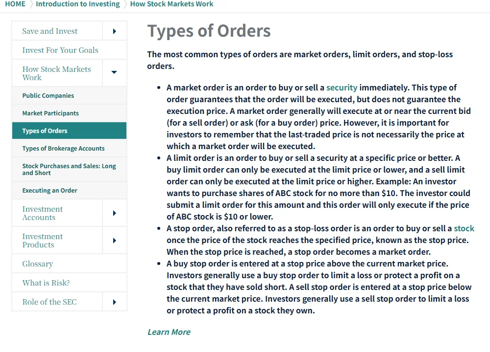 Investor.gov પર Market, Limit અને Stop orders ની official definitions