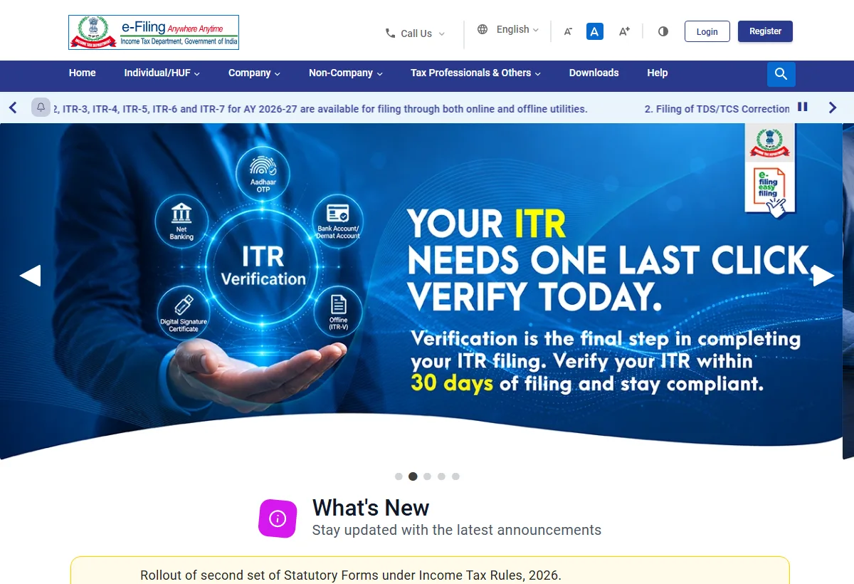 Income Tax Department e-Filing official portal નું real screenshot, AY 2026-27 ITR forms live બતાવે છે