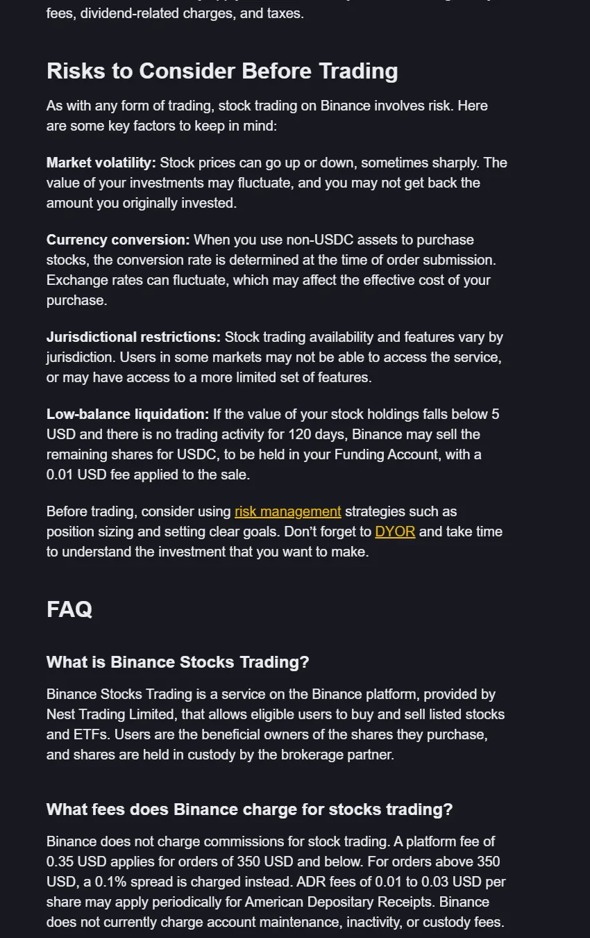 Binance Stocks ના બજાર, ચલણ, વિસ્તાર અને નાની બાકી રકમના જોખમ બતાવતું સત્તાવાર માર્ગદર્શિકાનું પાનું