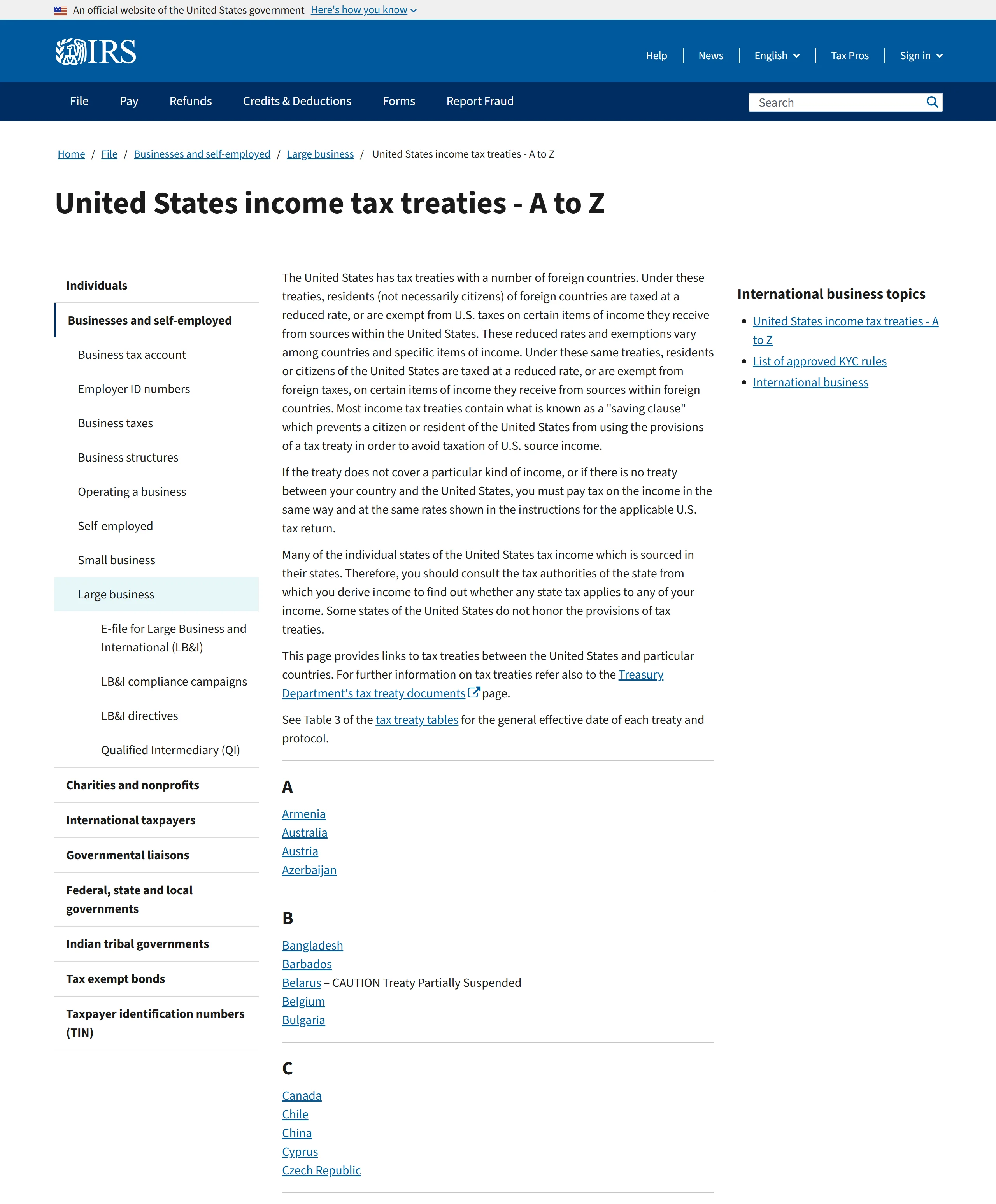 IRS「美國所得稅協定 A 到 Z」頁面,說明有協定國家的居民按較低稅率課稅、無協定則按適用稅率,清單含 China