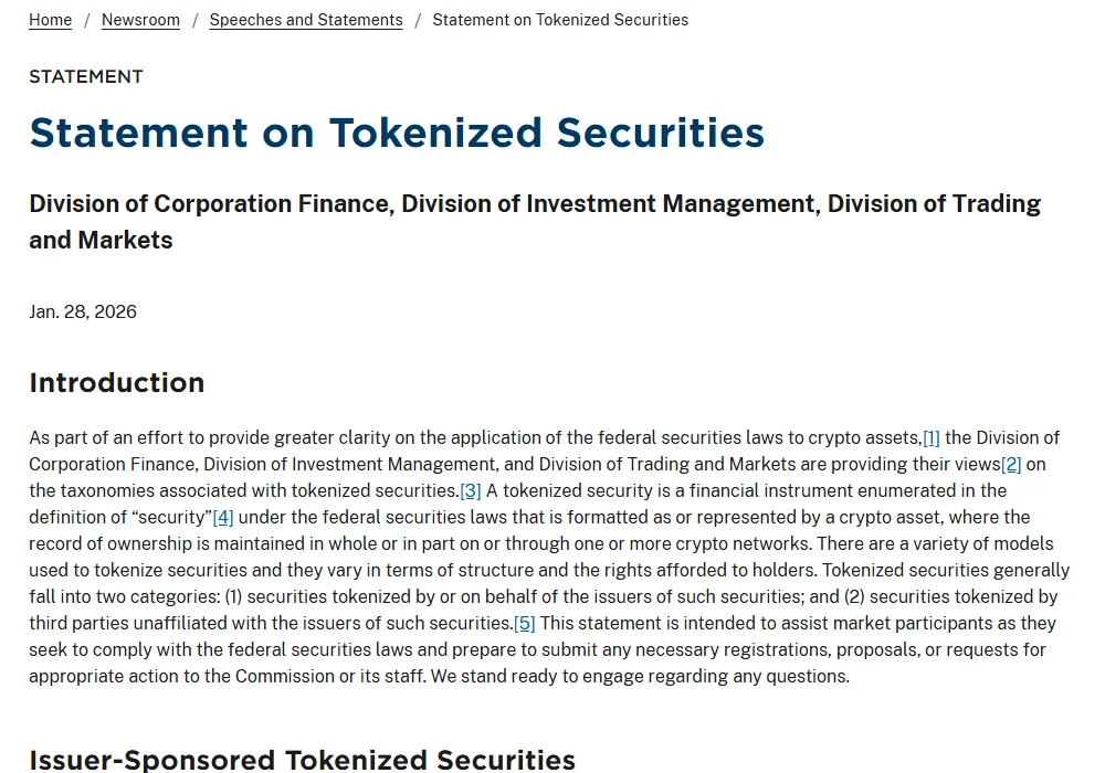 યુએસ SEC ની વેબસાઇટ પર 28 જાન્યુઆરી 2026 નું Statement on Tokenized Securities, જેમાં Introduction અને Issuer-Sponsored Tokenized Securities વિભાગ દેખાય છે