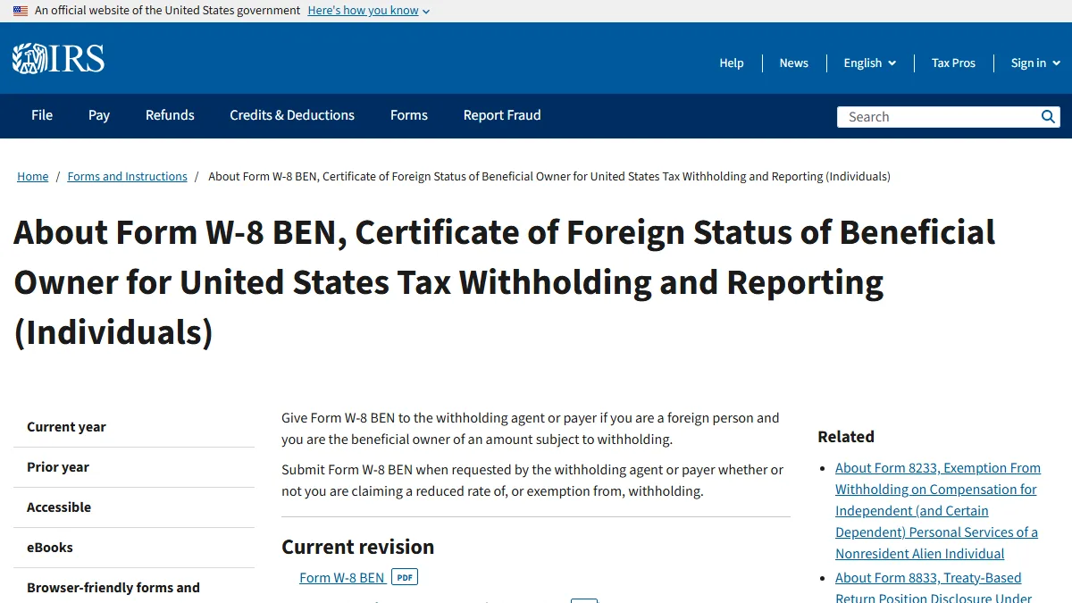 IRS — W-8BEN 表格官方說明
