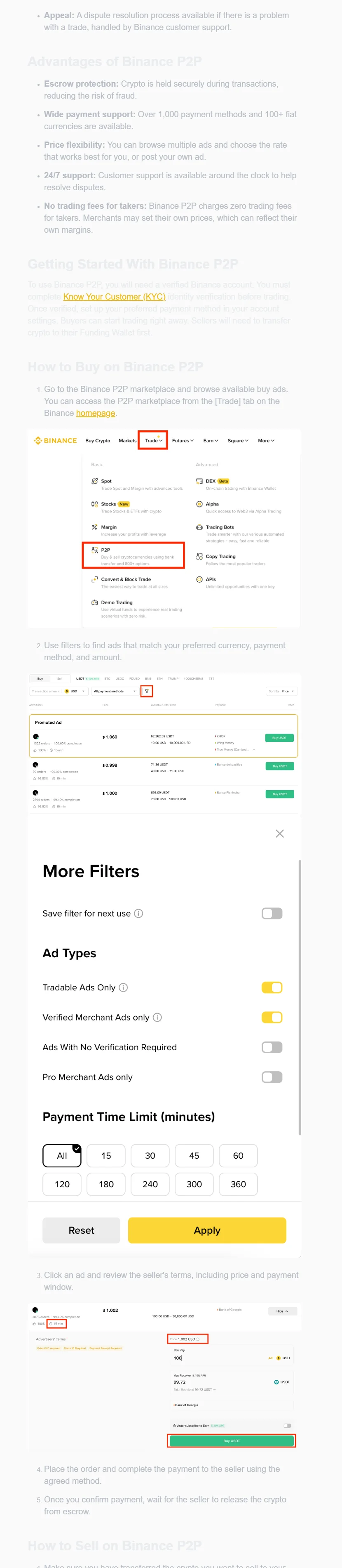 Binance P2P નું વાસ્તવિક menu, ad filter અને Buy USDT order interface