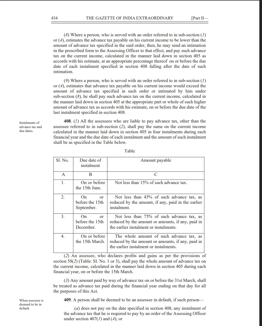 Income-tax Act, 2025ની કલમ 408નું સત્તાવાર કોષ્ટક, જેમાં 15 જૂને 15%, 15 સપ્ટેમ્બરે 45%, 15 ડિસેમ્બરે 75% અને 15 માર્ચે આખી રકમ ભરવાની જોગવાઈ છે