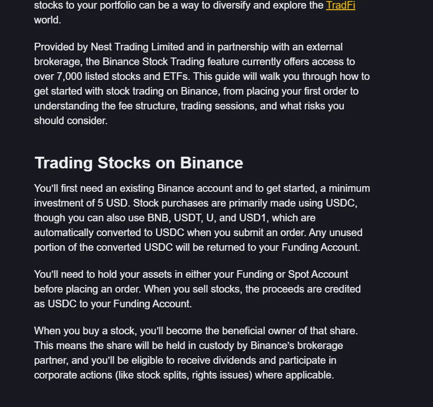 Binance Academy ના સત્તાવાર પેજમાં Direct Stocks ની beneficial ownership, dividend અને corporate actions દર્શાવતો ભાગ