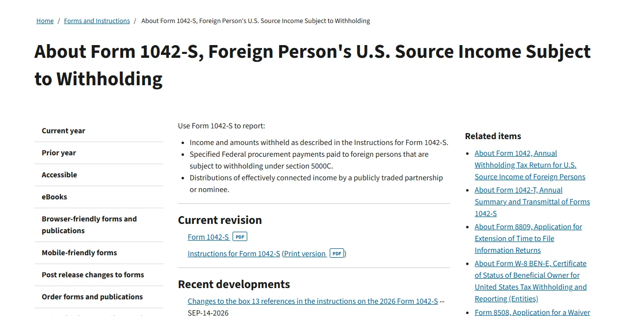 美國國稅局 IRS 官網「About Form 1042-S, Foreign Person's U.S. Source Income Subject to Withholding」頁面,列出表格用途與最新版表格及說明連結