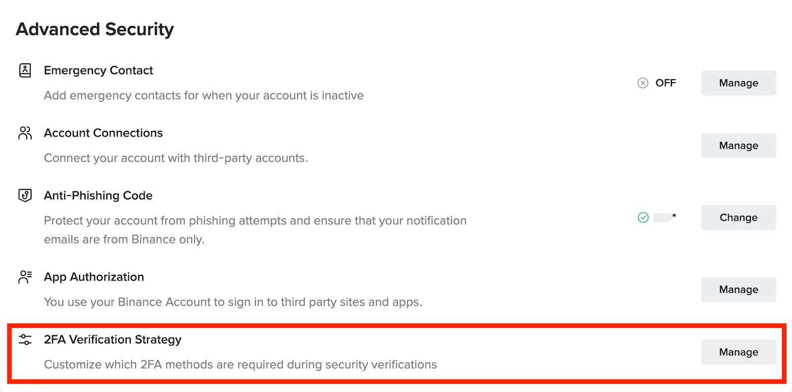 Binance Advanced Security page માં anti-phishing code અને 2FA strategy નું વાસ્તવિક interface