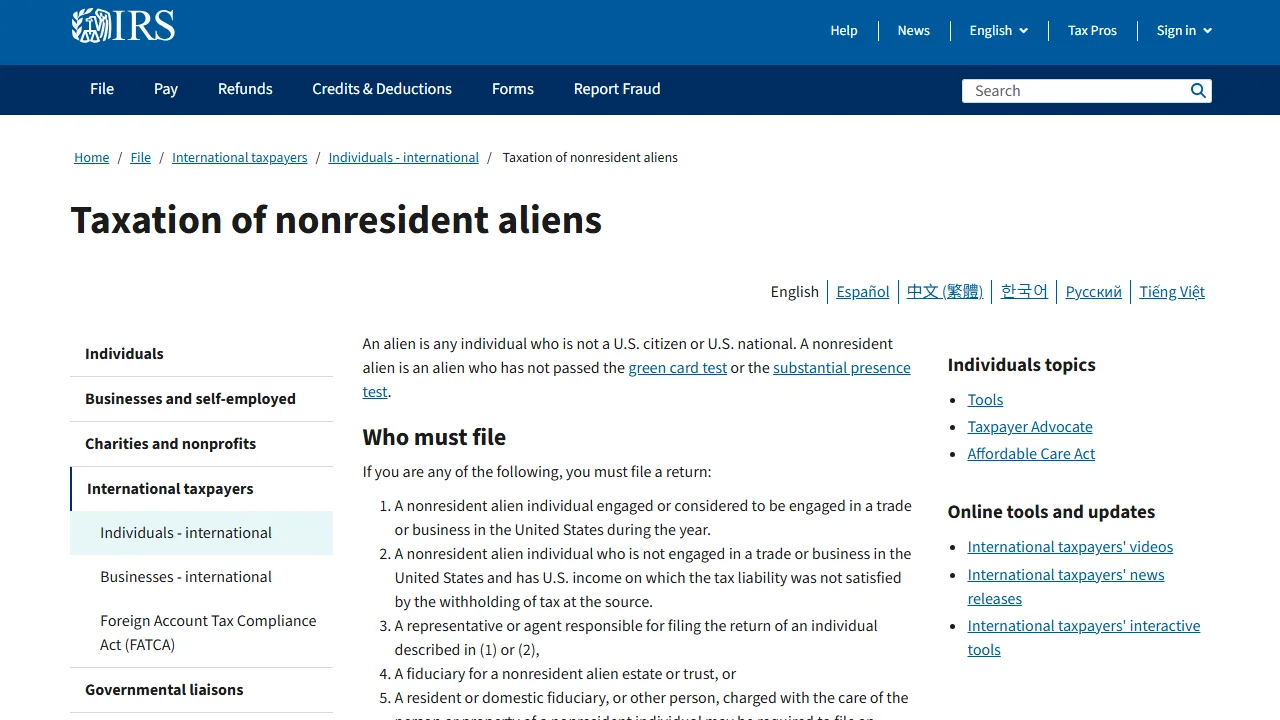 美國國稅局 IRS 官方「Taxation of nonresident aliens」頁面，說明非美國居民就美國來源所得的申報規則