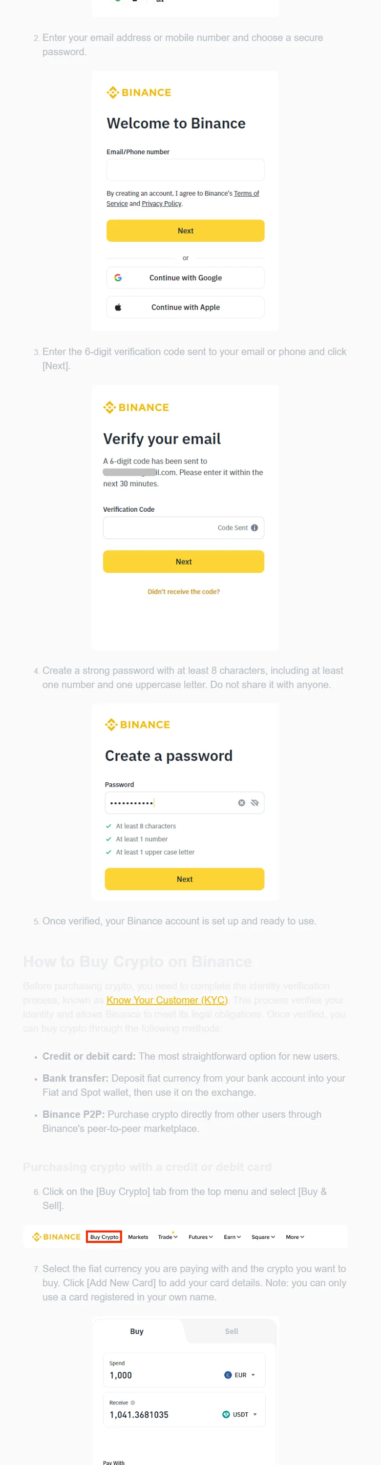 Binance ની સત્તાવાર માર્ગદર્શિકામાં registration, email verification અને password setup નું વાસ્તવિક interface