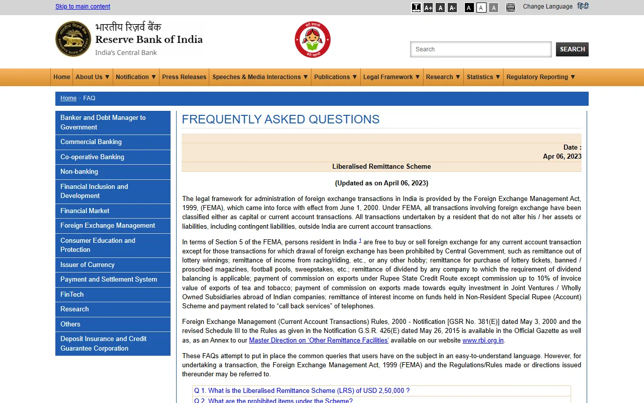 Reserve Bank of India નું real LRS FAQ web screenshot, Liberalised Remittance Scheme અને USD 250,000 annual limit બતાવે છે